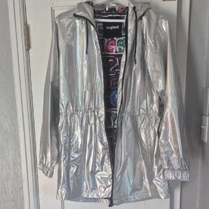 Desigual Iridescent Silver Hooded Windbreaker Midlength Trench Coat